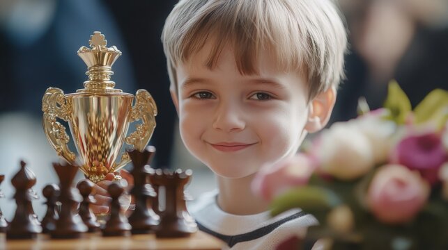 A young chess champion beams with pride, holding a trophy, surrounded by chess pieces and flowers, signifying achievement and youthful brilliance.