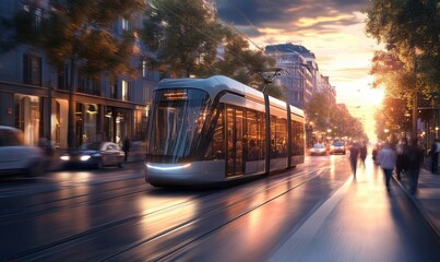 Generative AI illustration of modern tram in motion on a bustling city avenue at sunset with pedestrians and cars in motion blur