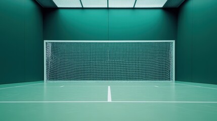 Empty indoor handball court, with goal positioned against green backdrop.