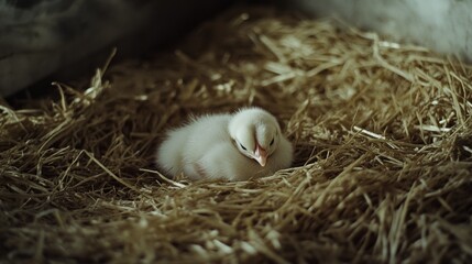 Fluffy chick nestled in a cozy bed of straw, exuding warmth and new beginnings.