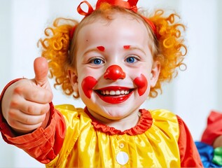Child clown with red nose and the thumb up.