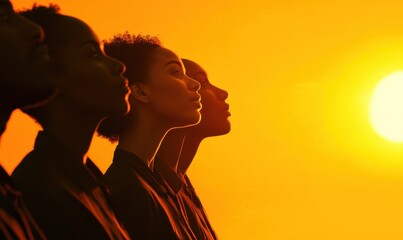 Generative AI illustration of side view on the group serious African American people in a row looking up on sunset