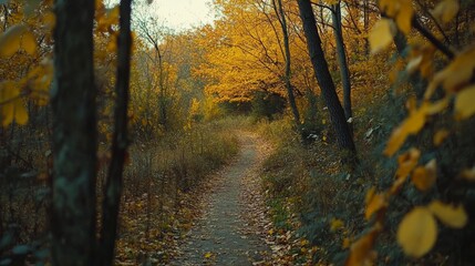 Fototapeta premium A peaceful path winds through a forest in autumn, blanketed with vibrant fallen leaves and golden trees under a soft light.