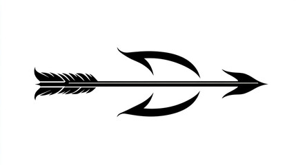 Arrow with Fletching and Curved Design   Black and White Graphic