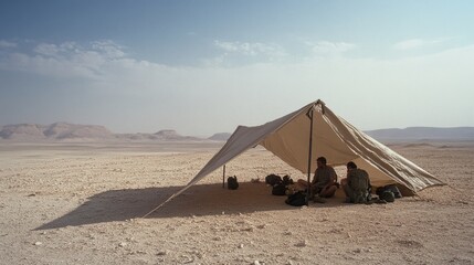 Under a simple tarp, travelers find shelter amid the barren desert, capturing a moment of quiet reflection and survival in the vast, sandy expanse.