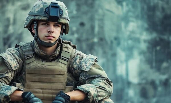 Young soldier in full tactical gear, sitting and looking forward with a determined expression against a blurred concrete wall with copy space.
