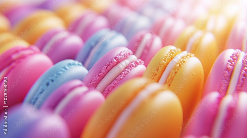 Poster a close up view of colorful macarons arranged in a row featuring a vibrant food backdrop suitable fo