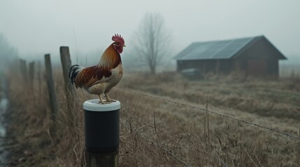 In misty morning light, a solitary rooster stands boldly on a fence post near a rustic barn, evoking life on a quiet country farm.