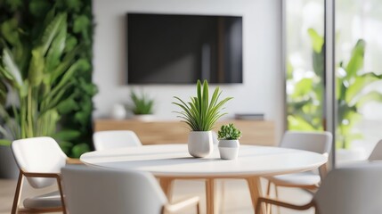 Obraz premium Modern meeting room corner featuring white decor and wooden accents equipped with a television