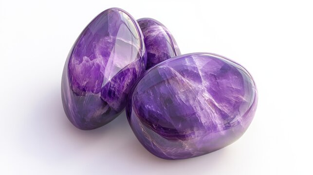 Sugilite semi precious gemstone displayed on a white background