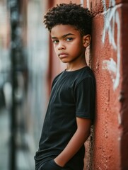 Obraz premium Generative AI image of serious ethnic kid standing near wall while looking at camera against blurred background