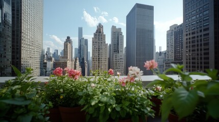 Fototapeta premium Luxuriant floral arrangements adorn a city rooftop, juxtaposing urban architecture with vibrant natural beauty against a bright blue sky.