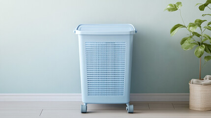 Blue Laundry Basket with Wheels in Modern Room Interior