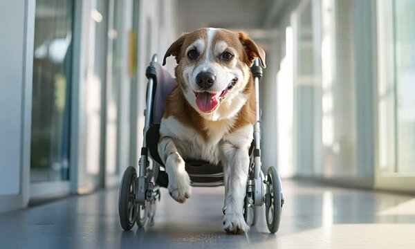 Happy disabled dog in wheelchair walks cheerfully in home interior demonstrating resilience and joyful spirit.