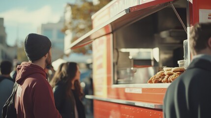 A bearded man in a beanie waits at a vibrant red food truck on a sunny day. The scene is bustling, capturing the lively street food culture.