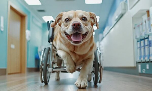 Happy golden retriever disabled dog in a wheelchair moving through a veterinary clinic, showcasing resilience and a joyful spirit.