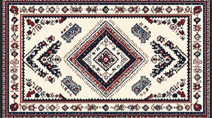 Traditional Persian Rug with Geometric Pattern  Ivory  Red  Blue  Black   Oriental Carpet