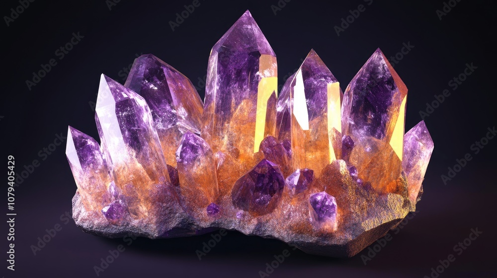 Poster vibrant and luminous amethyst crystal cluster with intricate details in a macro view