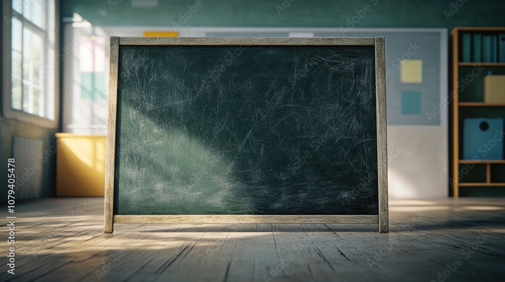 Poster a worn dark chalkboard with scratches and smudges displayed vertically in an educational setting