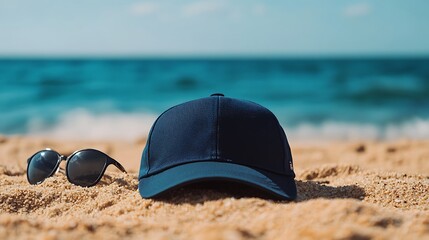 Realistic Cap Mockup with a Beach Background and Sunset Lighting, Perfect for Fashion Branding, Apparel Design, E-Commerce Product Showcases, and Promotional Merchandise in a Summer Setting