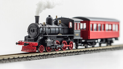 Obraz premium Steam Locomotive Model Train on Tracks with Smoke Vintage Toy Train
