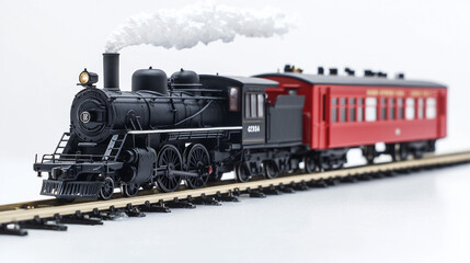 Obraz premium Black Steam Locomotive Train Model with Red Passenger Car on Tracks