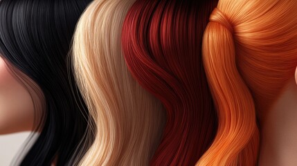 Fototapeta premium Close up of three women showcasing diverse hair colors brunette blonde and red with ponytails highlighting beauty and variety in hair textures
