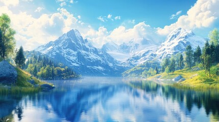 A serene lake mirroring majestic snow capped mountains Ideal for environmental campaigns outdoor equipment promotions travel literature and peaceful wall decorations