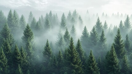 Fototapeta premium Moody forest landscape panorama showcasing a foggy morning with mist and lush green fir trees in a serene ambiance