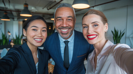 Three diverse professionals smiling for a selfie in a modern office setting, reflecting a collaborative and positive work environment.