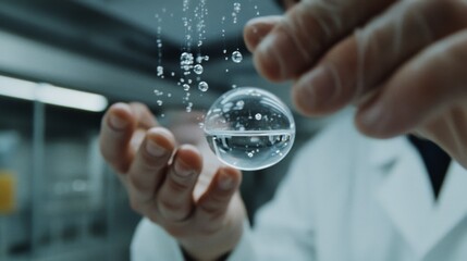 A gloved hand gently holds a floating water droplet, capturing a moment of scientific curiosity and delicate balance in a brightly lit laboratory setting.