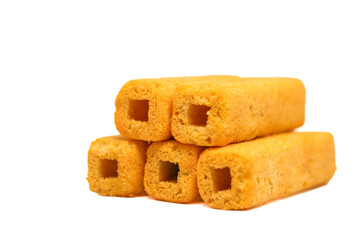 fried stick snack corn flavor isolated on white background.snack food indonesia