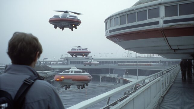 A futuristic scene with hovering transport pods gliding over a sleek, modern cityscape, capturing the essence of advanced technology and innovation.
