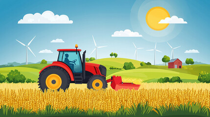 Obraz premium Red tractor harvesting wheat in field with wind turbines and farmhouse
