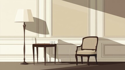 Dining Room Featuring Wall Molding Stylish Side Table Floor Lamp Upholstered Chairs And Dark Wood Against A Neutral Background