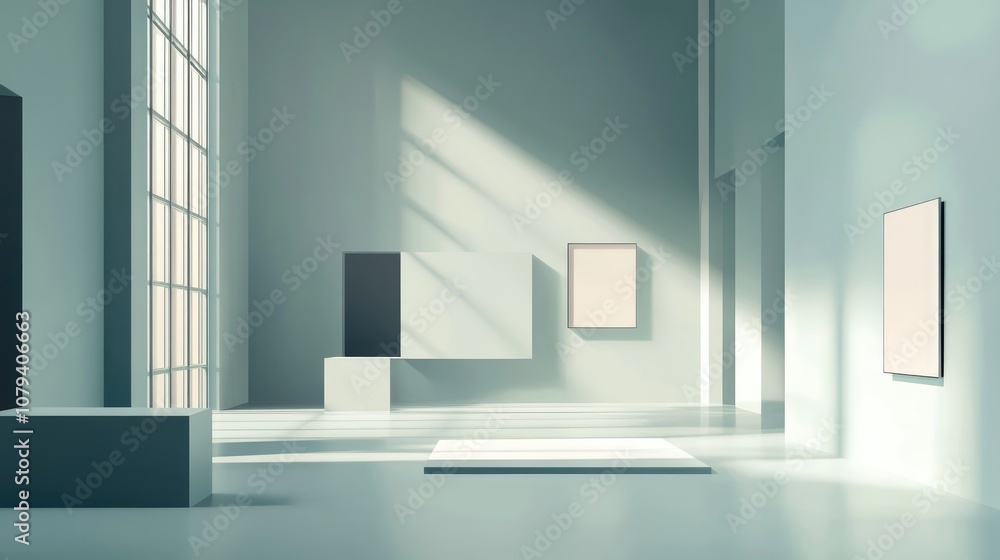 Poster surreal open space in a modern art gallery with blank exhibit room and empty showcase conceptual fea