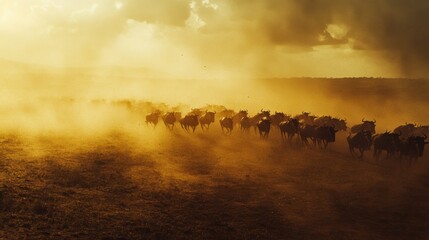A dramatic golden dusk blurs the horizon as a herd of wildebeests charges forward across the savannah in a captivating dance of dust and light.