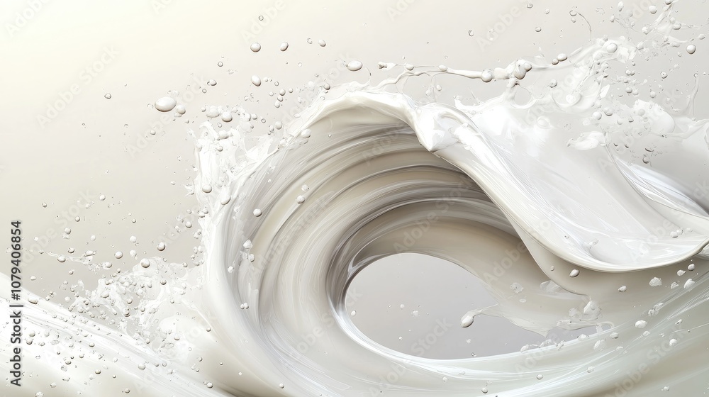 Poster white wave splash with droplets and splatters against a solid white backdrop