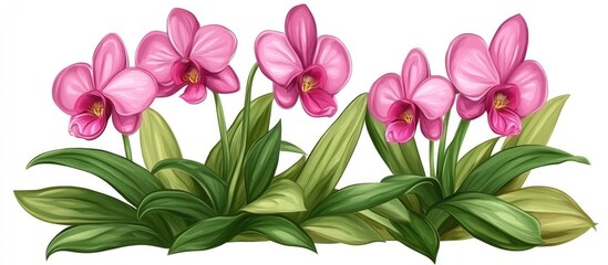 Fototapeta premium Orchid flower with vibrant pink petals and lush green leaves ideal for home gardening and interior decoration