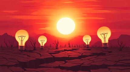 Naklejka premium Conceptual Representation Of Energy Crisis Featuring Drought Stricken Cracked Earth Adjacent To Burning Light Bulbs