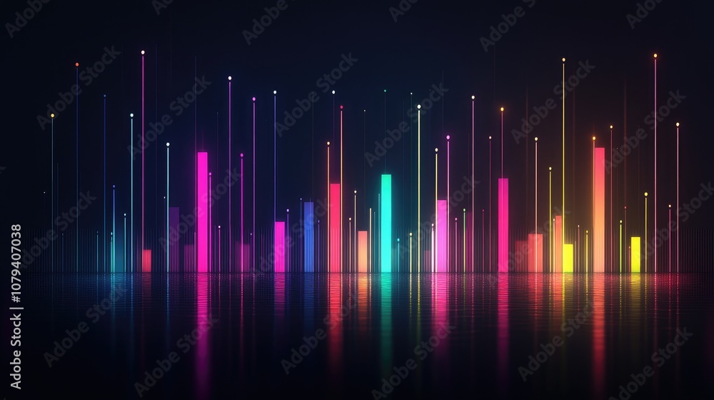 Poster Business And Finance Conceptual Background With Colorful Bars And Glowing Lines For Data Visualization On A Dark Background