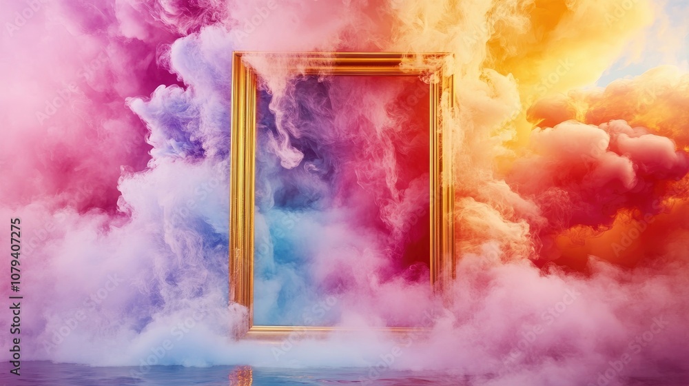 Poster vintage golden frame surrounded by colorful clouds and abstract ink in a water background featuring 