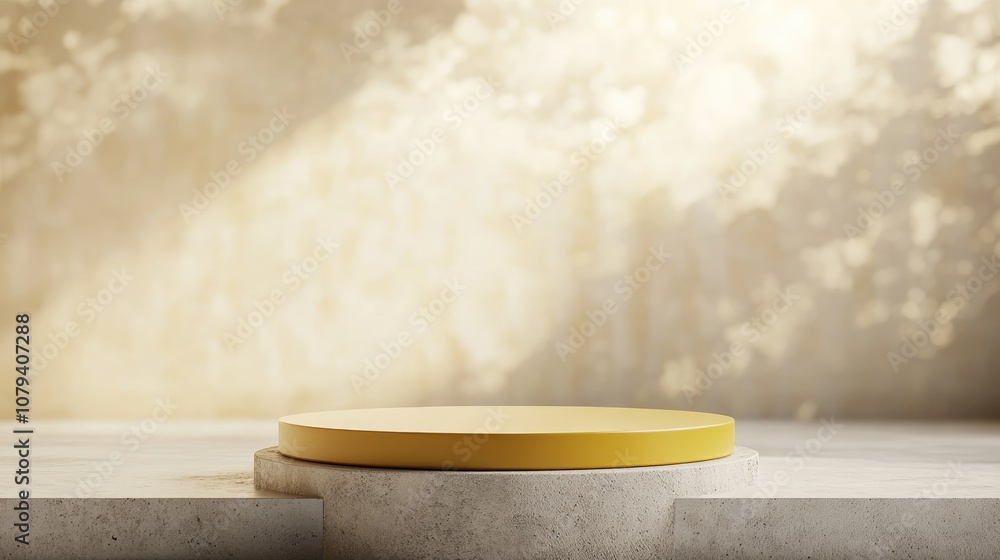 Poster empty round yellow podium display in front of stone pedestal with abstract blurred bokeh background 