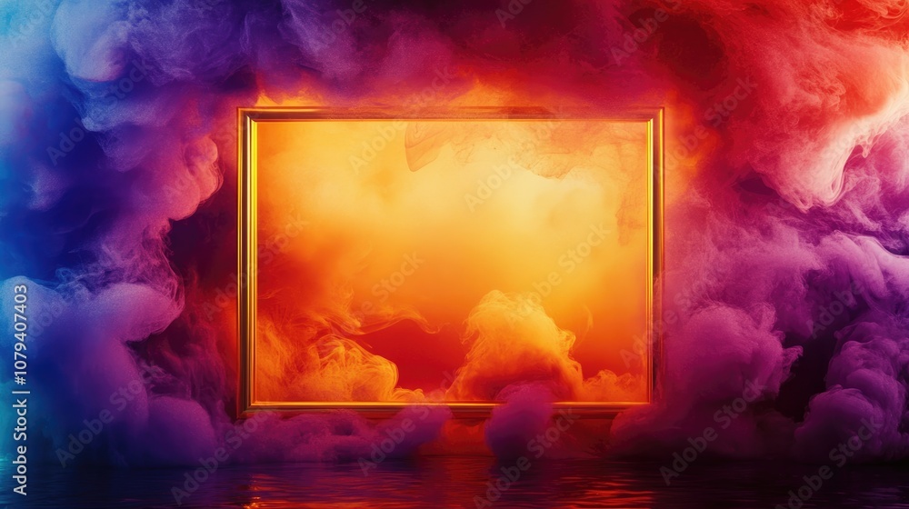 Poster vintage golden frame surrounded by colorful clouds and abstract ink in a water background featuring 