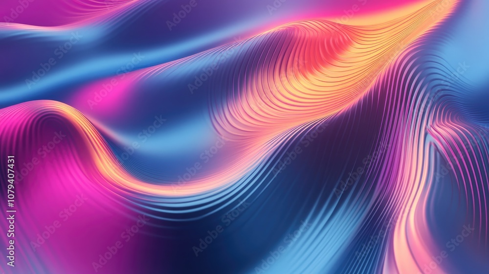 Poster 3d render abstract iridescent holographic neon infinite surface ripples curved reflective pattern wa
