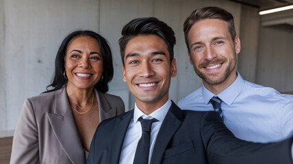 Three professionals, a Hispanic man and two Caucasian individuals, smile confidently in a modern office setting, showcasing teamwork and collaboration.