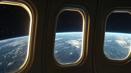 Naklejka premium Windows of a spacecraft revealing a view of Earth and a space station Concept of space travel with room for design and text