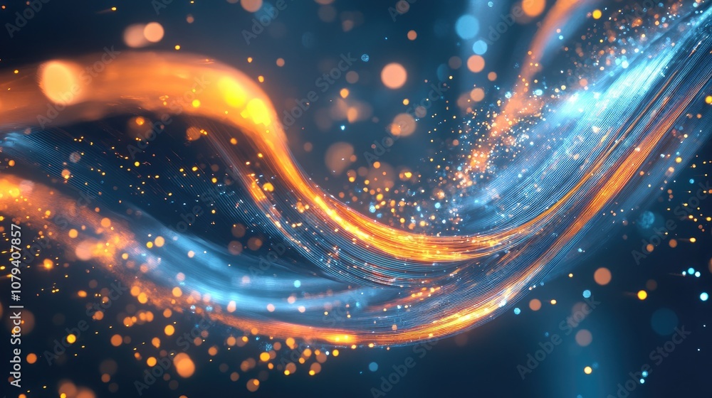 Poster vividly illuminated abstract fiber optic cable bundle with glowing flowing technology particle lines
