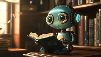 Robot reading a book in a cozy library setting.