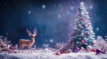 Obraz premium Winter setting featuring crystal glass Christmas ornaments A decorated tree deer and snowflakes against a dark blue and purple backdrop with ample copy space viewed from the front
